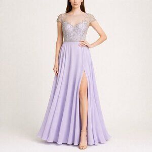 Mac Duggal 66785F‎ Beaded Bateau Chiffon A-line Long Dress Gown Lilac Sz 18W New